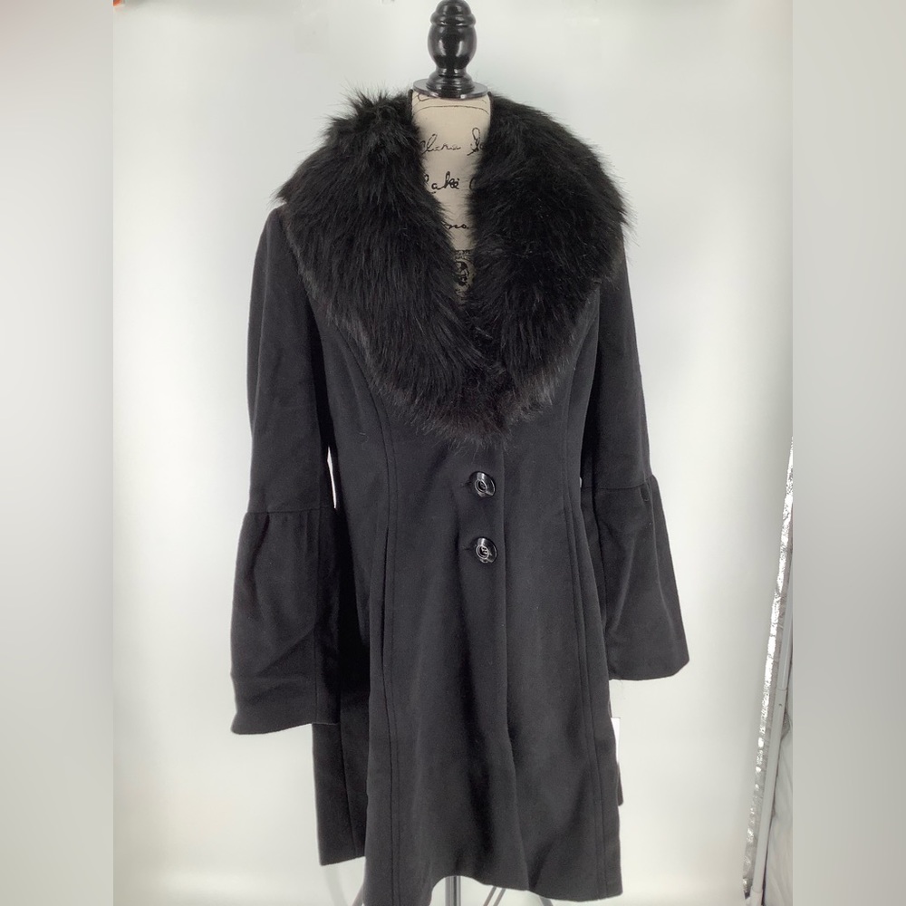 Ivanka Trump Black Womens Faux Fur Trim Shawl Collar Coat Jacket Size 14